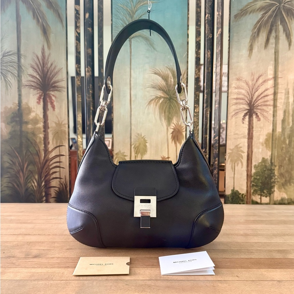 Michael Kors Medium Black Pebbled Calf Leather Bancroft Shoulder Bag